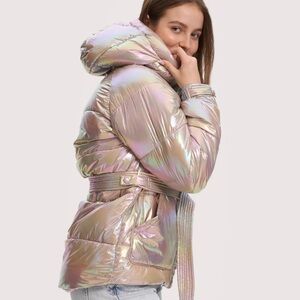 NOIZE champagne hooded and belted puffy jacket Size:M